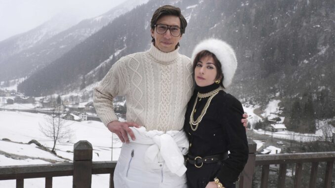 Adam Driver (Maurizio Gucci) and Lady Gaga (Patrizia Reggiani) in HOUSE OF GUCCI. Signore e Signora Gucci. A film about the tumultuous Gucci family fashion dynasty and the murder of founder Guccio Gucci’s grandson Maurizio Gucci. Image courtesy of MGM.